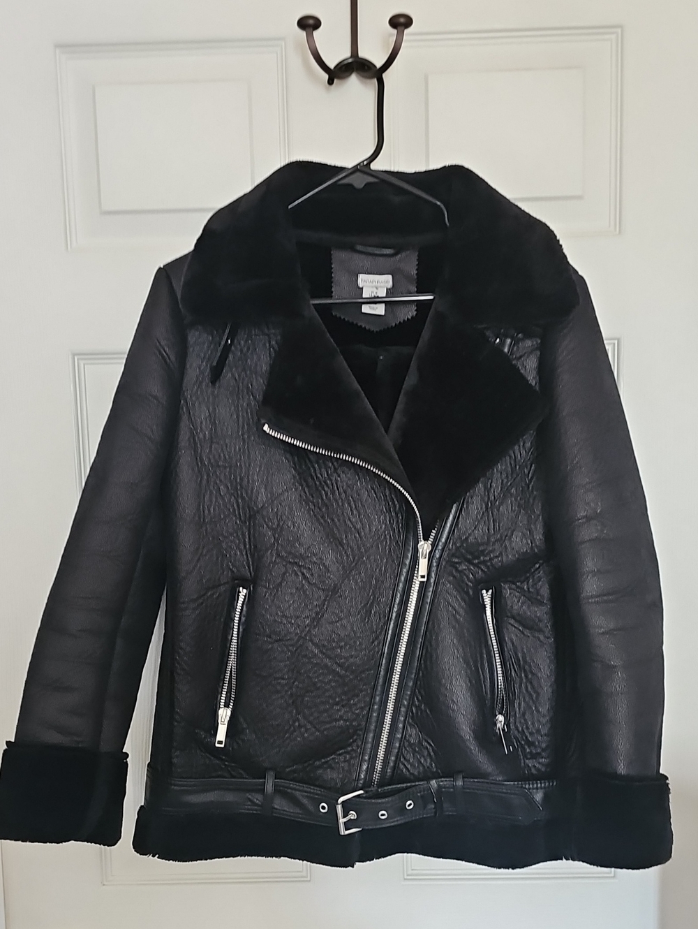 Paraphrase Black Faux Shearling Bomber with Belted Hem